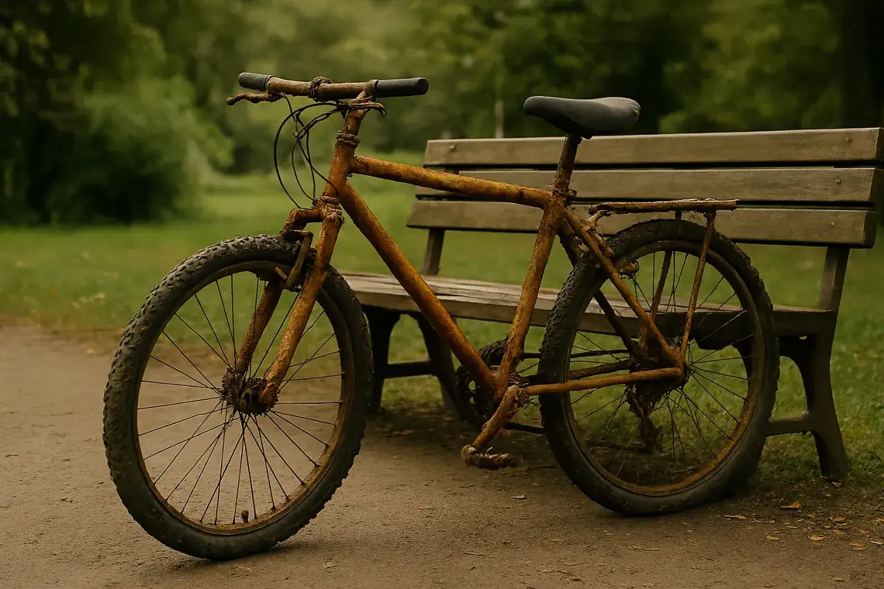 Zardzewiały rower obok ławki w parku. Zastanawiasz się, gdzie wyrzucić stary rower? Ten może być już na końcu swojej drogi.