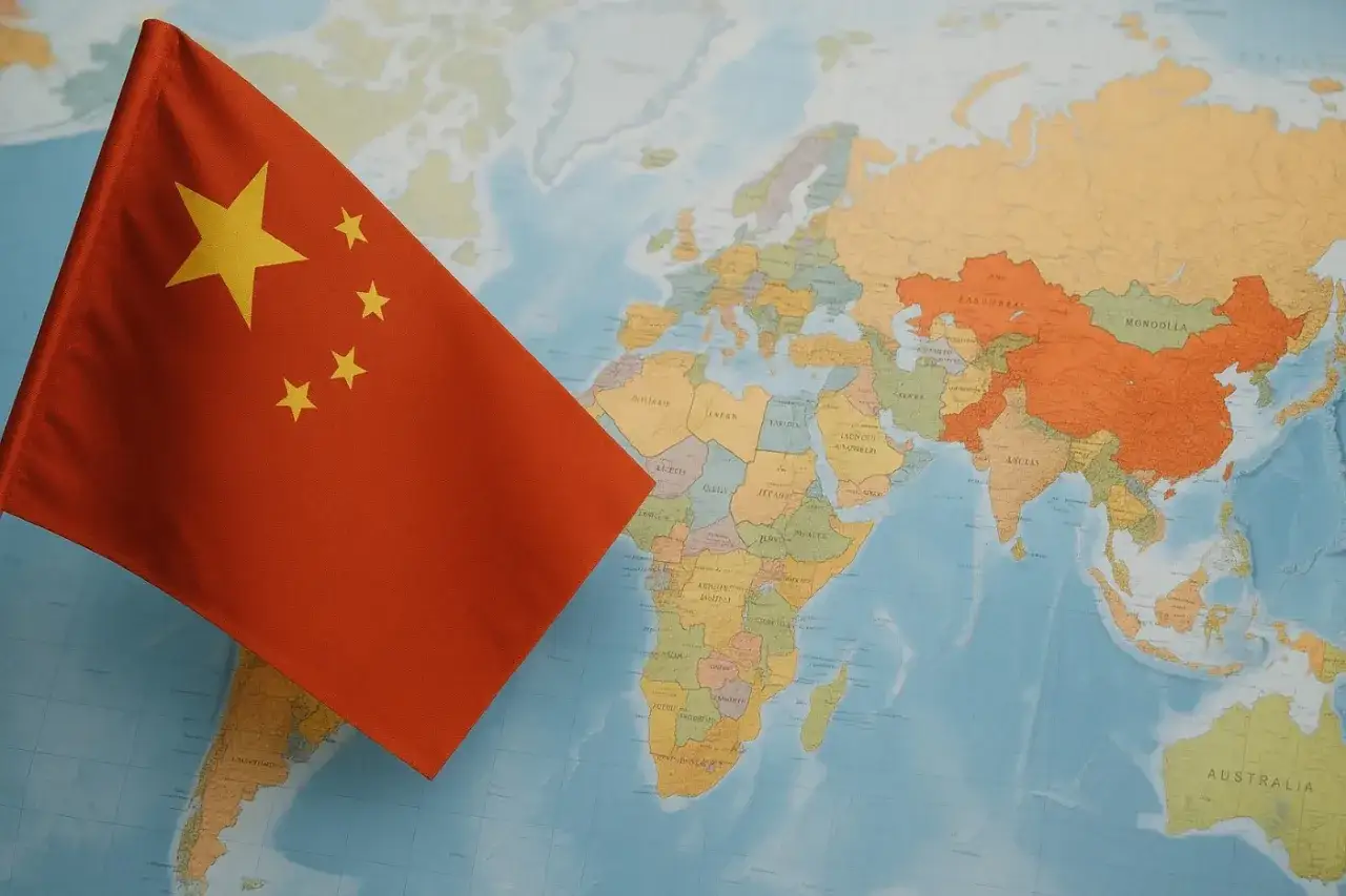 Mapa świata z zaznaczonymi krajami o rosnącej potędze gospodarczej (Chiny, Bliski Wsch&oacute;d, Ameryka Łacińska)