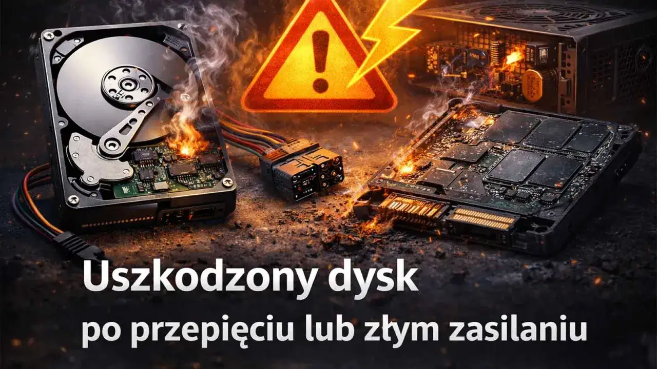 Uszkodzony dysk twardy i SSD, płomienie, ostrzeżenie o przepięciu. Zabezpiecz sw&oacute;j sprzęt przed skutkami przepięć.