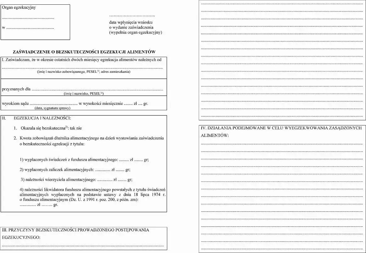 zaświadczenie o bezskuteczności egzekucji aliment&oacute;w wz&oacute;r