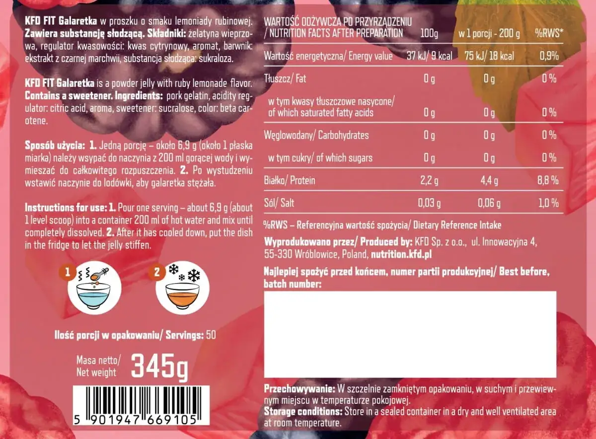 Po przygotowaniu galaretka KFD FIT ma 18 kcal w porcji 200g.