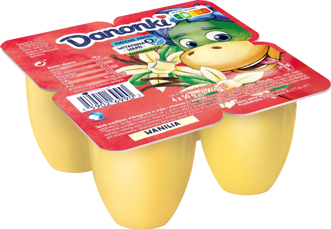 Danonki dla dzieci o smaku waniliowym, wzbogacone wapniem i witaminą D. Smaczna przekąska dla maluchów.