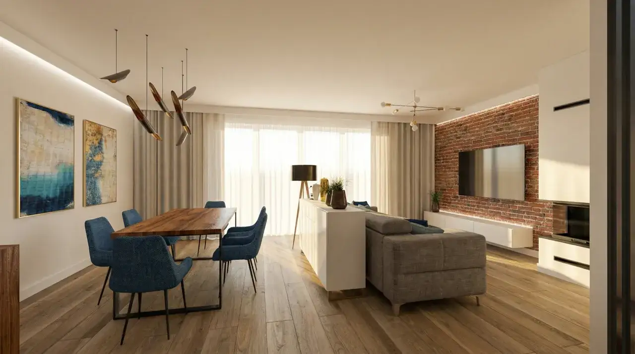 Nowoczesny salon z jadalnią. Ceglana ściana nad kominkiem i TV, designerskie lampy, obrazy i wygodna sofa. Inspiracja, jak ozdobić komin w salonie.