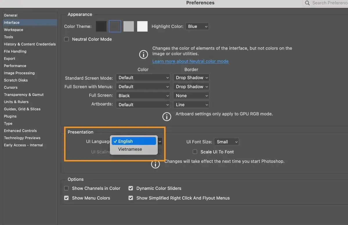 Photoshop preferences interface language UI