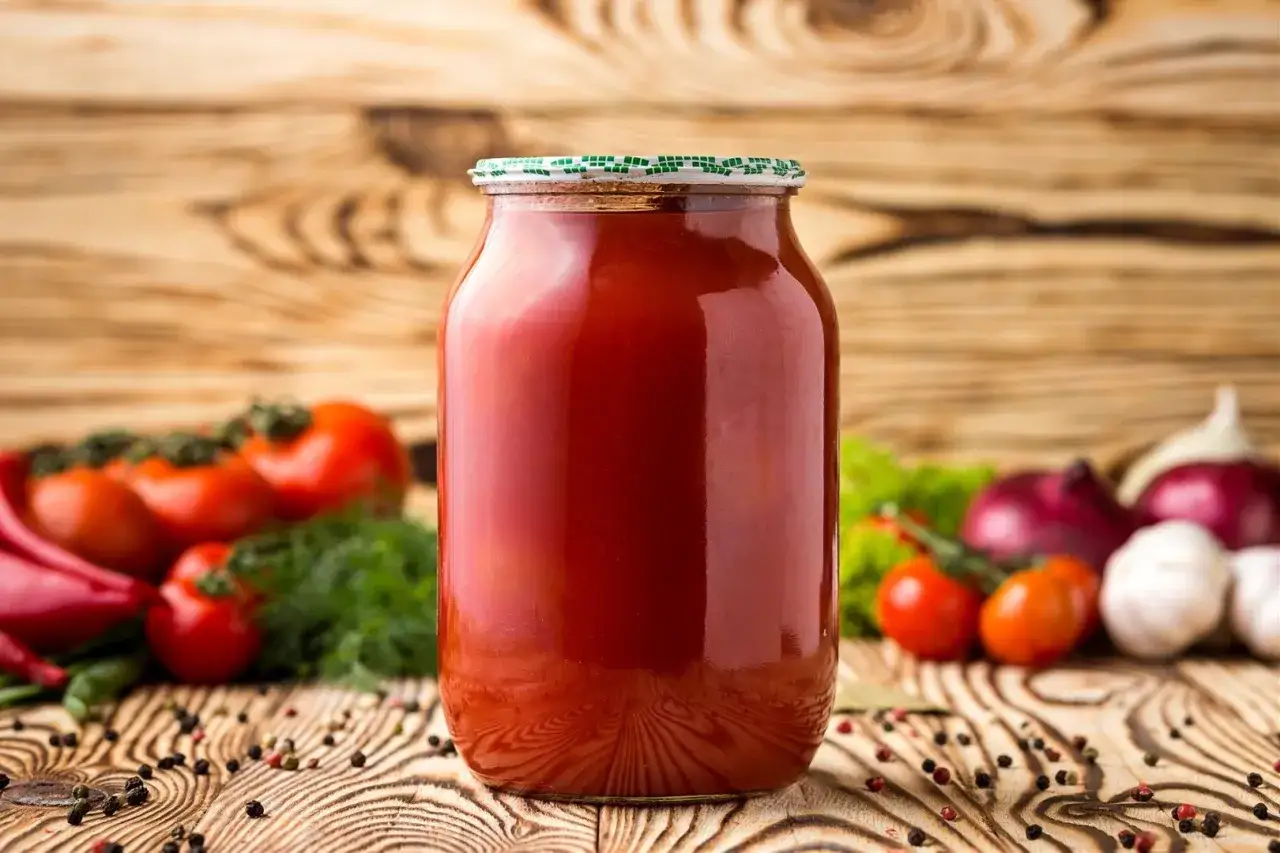 Słoik z domowym sosem pomidorowym, idealnym do spaghetti. Obok świeże pomidory, cebula, czosnek i przyprawy.