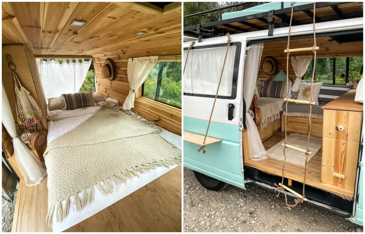 Wnętrze kampera z drewnianymi panelami, łóżkiem i drabinką. Inspiracja, jak zbudować kampera marzeń.