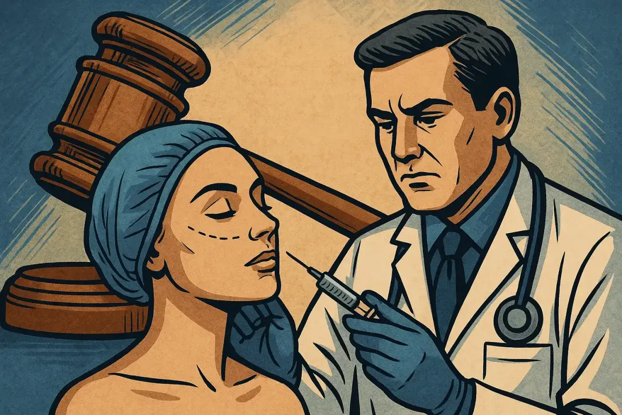 Lekarz z zastrzykiem obok pacjentki. Młotek sędziowski sugeruje rozważenie przeciwwskazań do zabiegów, np. liposukcji kawitacyjnej.