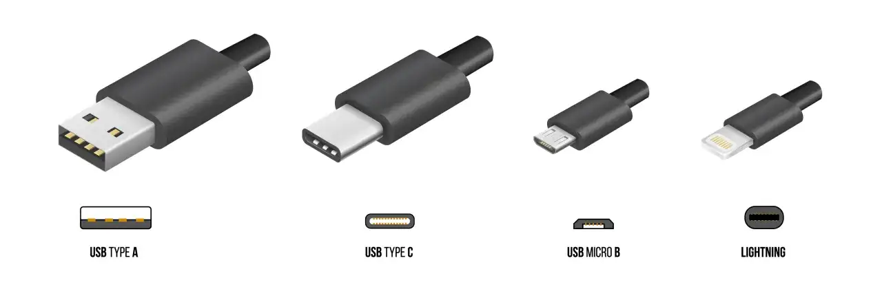 R&oacute;żne rodzaje złączy: USB typu A, USB typu C, Micro USB B i Lightning. USB typu C jest najbardziej uniwersalny.