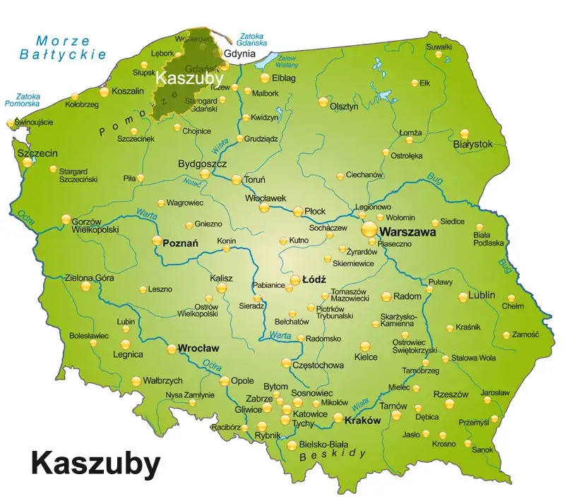 Mapa Polski z zaznaczonym regionem Kaszub