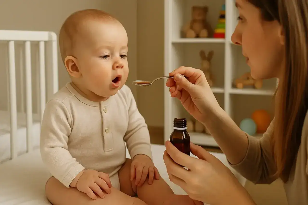 Mama podaje dziecku syrop na suchy kaszel u niemowlaka. Maluch otwiera buzię, czekając na łyżeczkę leku.