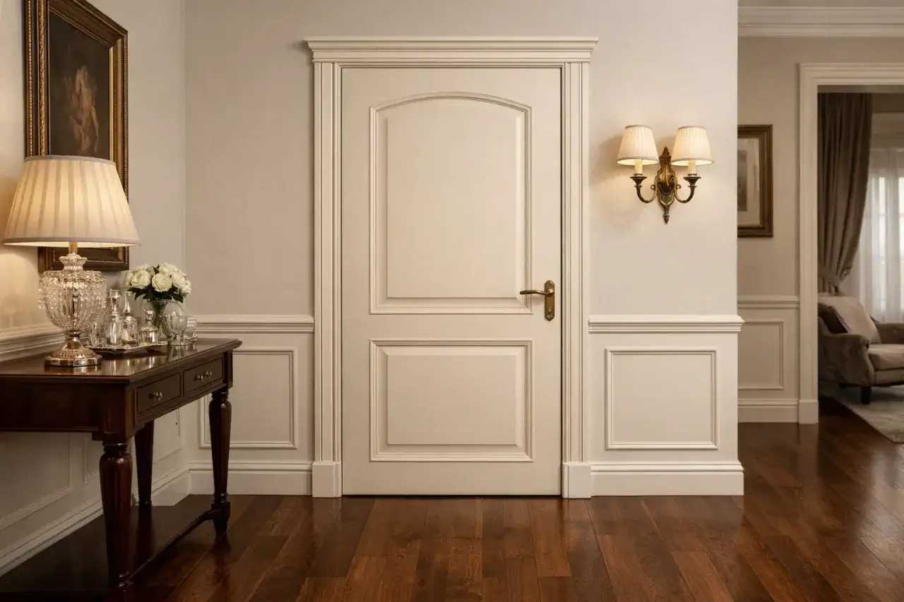 Eleganckie wnętrze z jasnymi drzwiami i ciemną podłogą. Podpowiadamy, jak dobrać drzwi do podłogi, by stworzyć spójną aranżację.