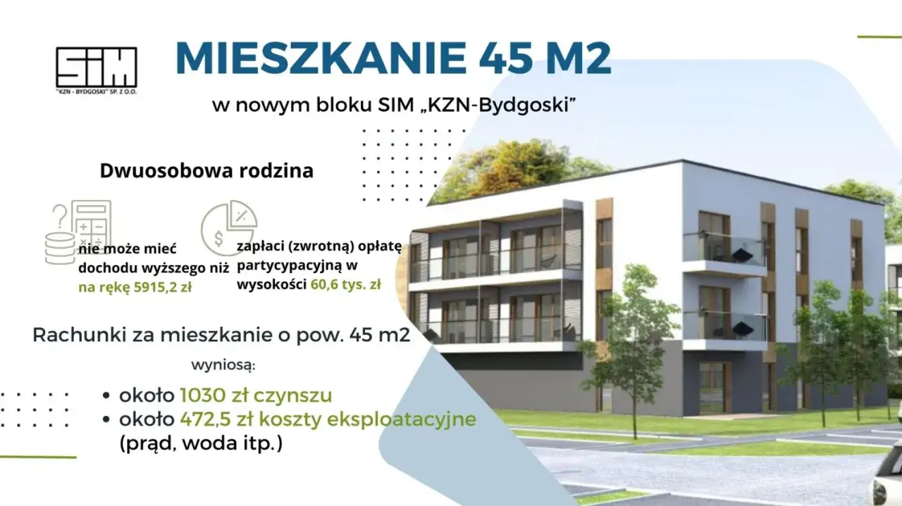Mieszkanie 45 m2 w bloku SIM. Rachunki: ok. 1030 zł czynszu, ok. 472,5 zł koszty eksploatacyjne.