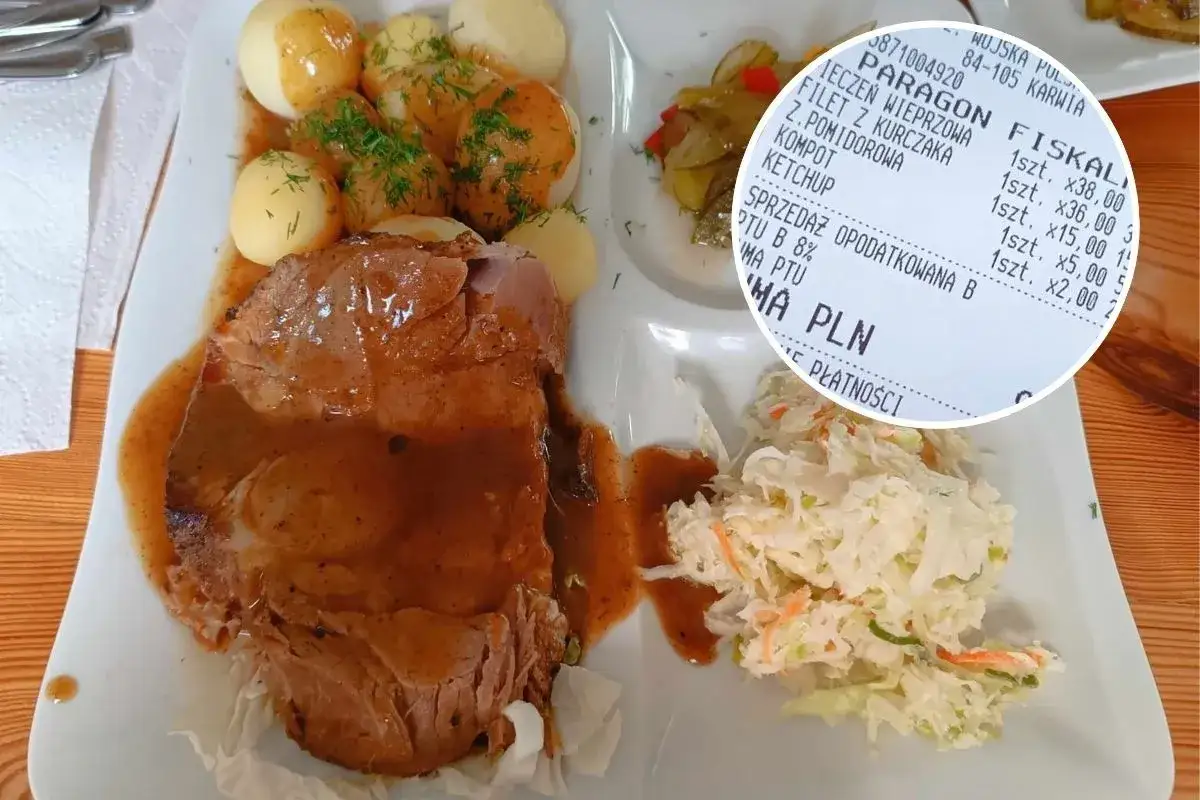 Obiad nad morzem: kotlet schabowy z ziemniakami i surówką, do tego paragon.