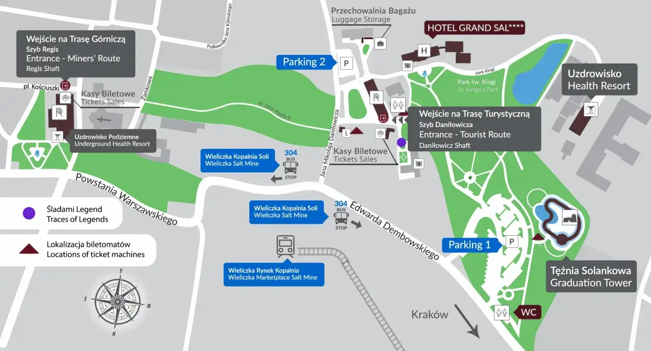 Mapa Kopalni Soli w Wieliczce, z zaznaczonymi wejściami, kasami biletowymi, parkingami i przystankami autobusowymi (linia 304). Informacje o dojeździe z Krakowa.