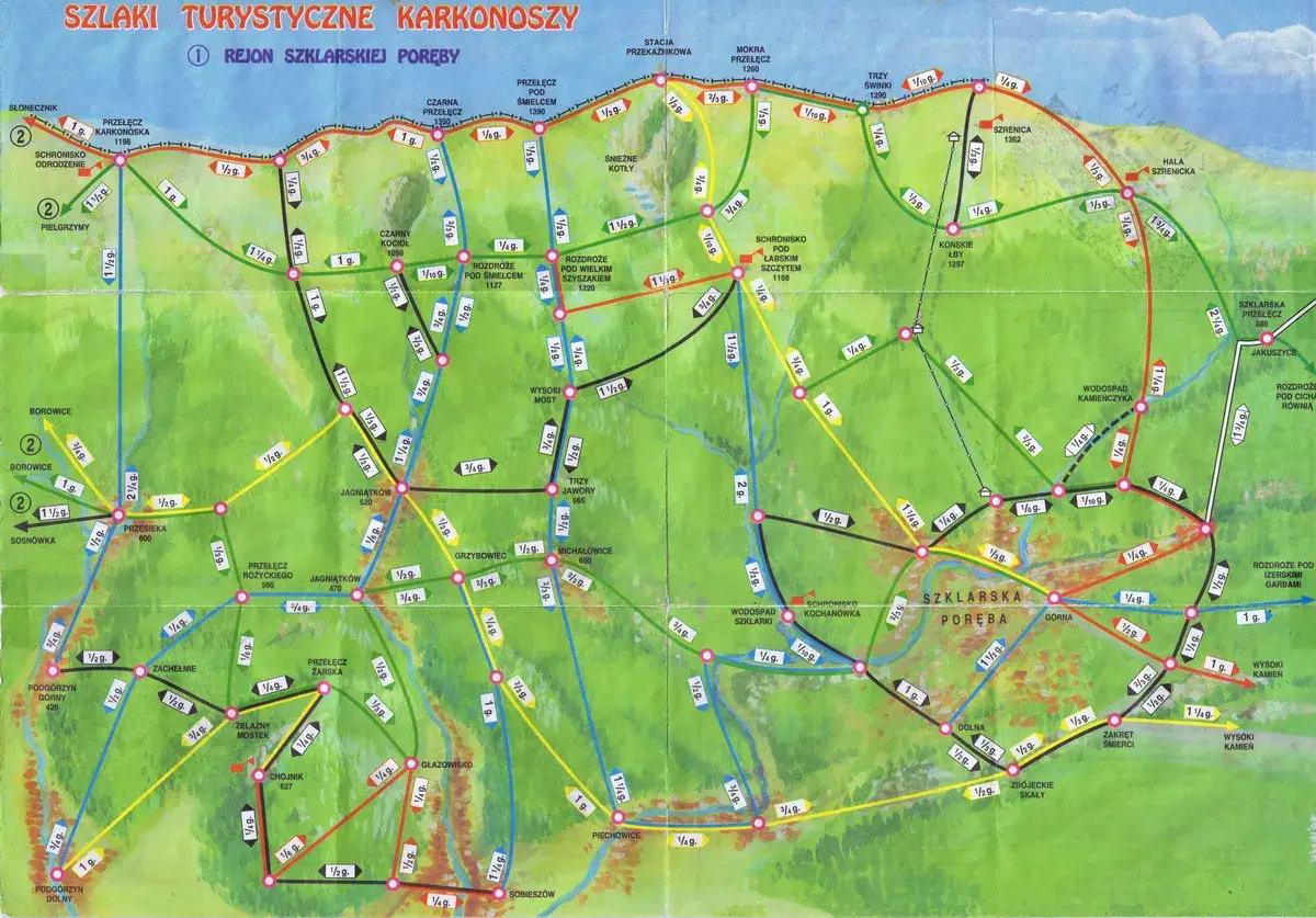 Mapa turystyczna Karkonoszy z zaznaczonymi szlakami wokół Szklarskiej Poręby. Pokazuje, gdzie leżą Karkonosze, z nazwami miejscowości i wysokościami.