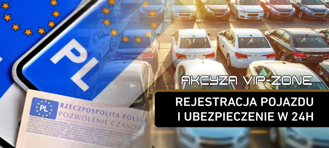Zastanawiasz się, ile kosztuje sprowadzenie auta z Holandii? Obraz przedstawia polskie tablice rejestracyjne i dokumenty, a w tle rzędy samochodów, sugerując import pojazdów.
