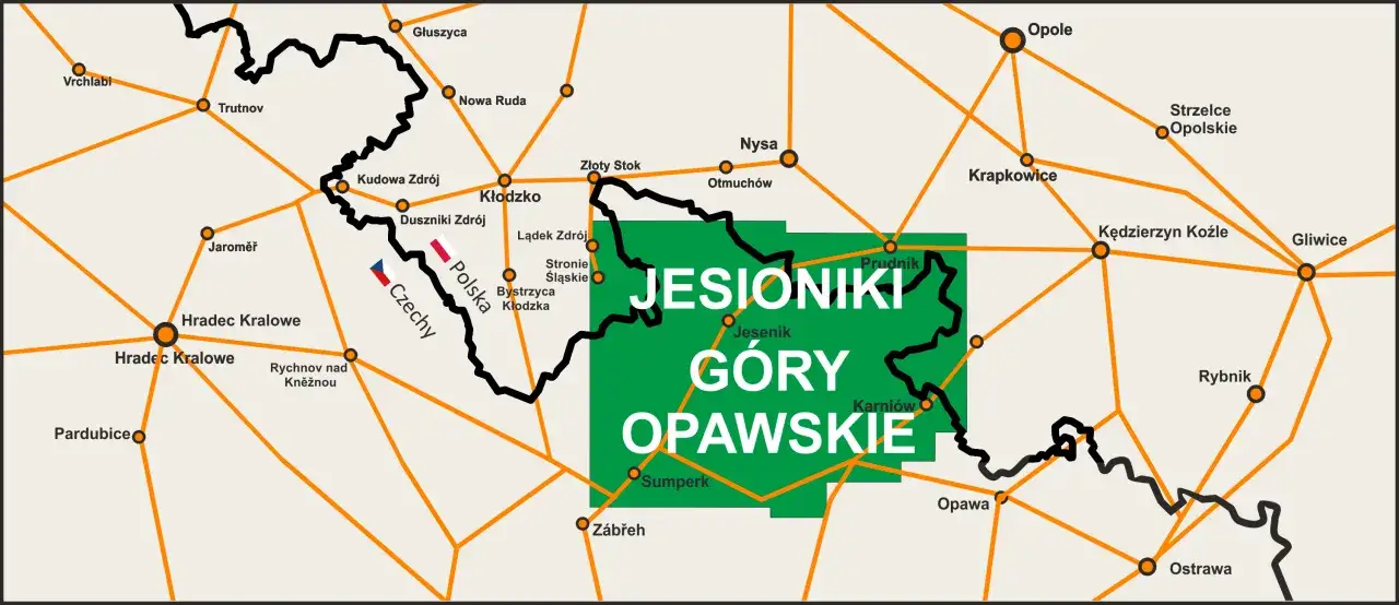 Mapa pokazuje, jakie g&oacute;ry są w Czechach, w tym malownicze Jeseniki i G&oacute;ry Opawskie, z zaznaczonymi miastami jak Jesenik i Opawa.