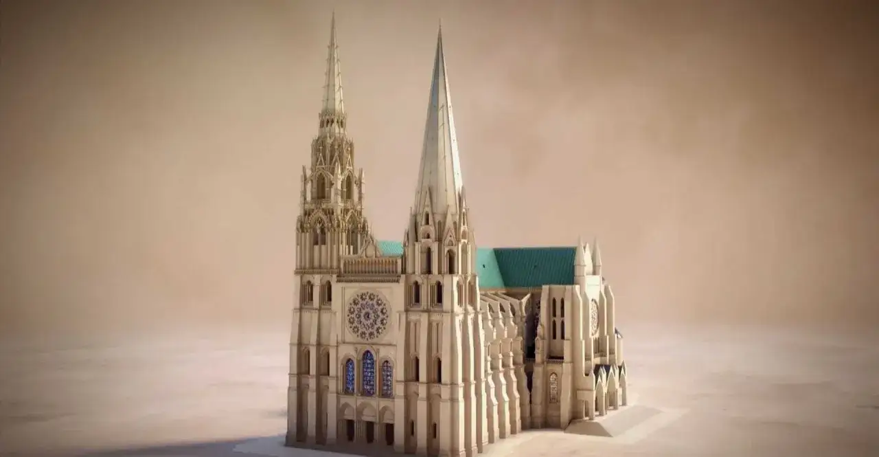 Imponująca makieta katedry w Chartres z charakterystycznymi wieżami i rozetą.