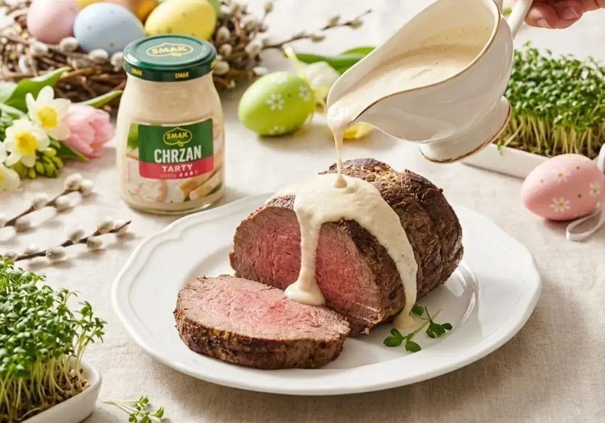 Pyszne pieczone mięso polane kremowym, ciepłym sosem chrzanowym. Idealny dodatek do świątecznego stołu.