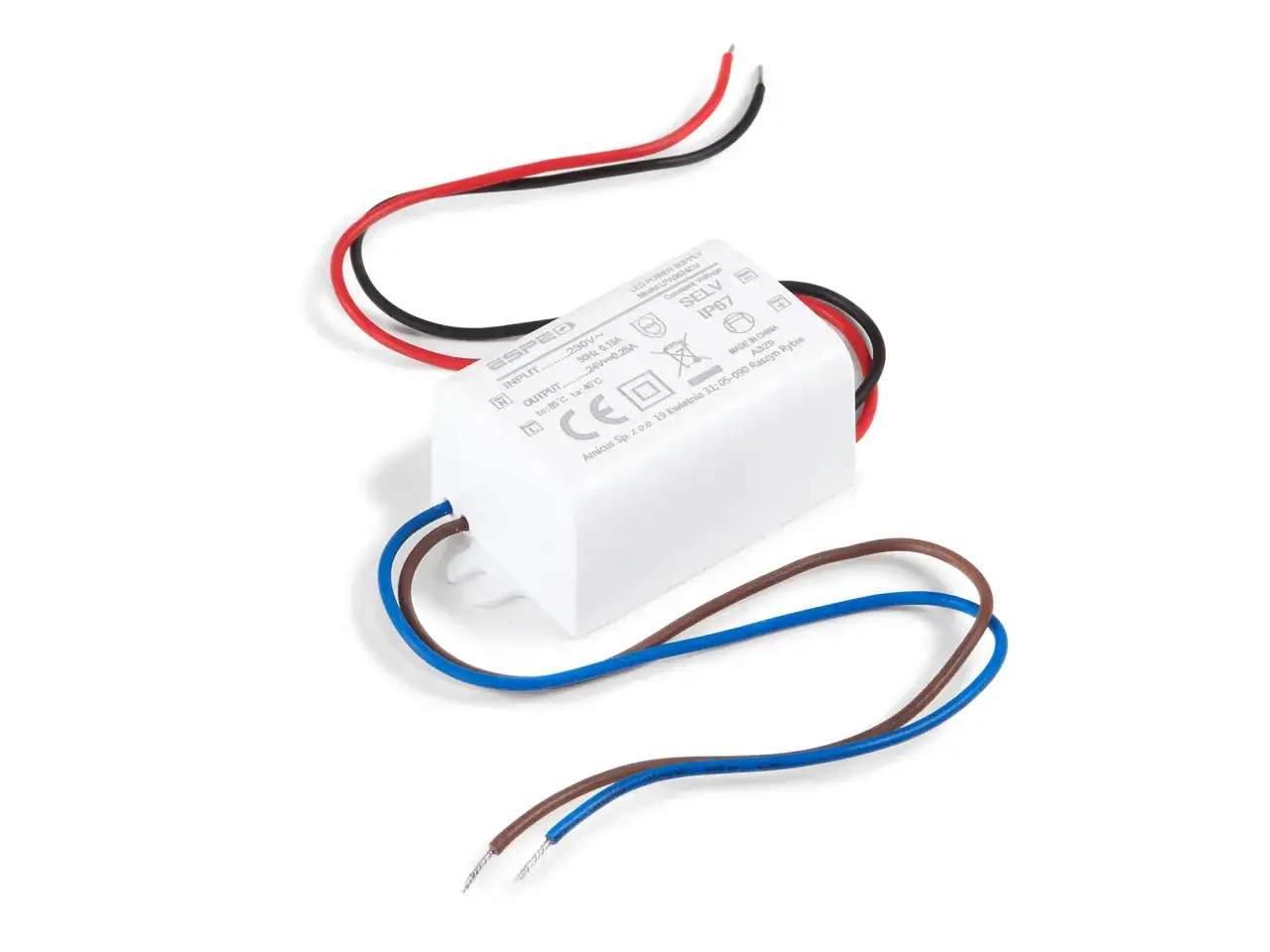 Mały zasilacz LED z przewodami: czerwonym, czarnym, niebieskim i brązowym. Idealny do oświetlenia.