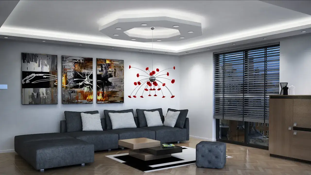 Nowoczesny salon z wielopoziomowym sufitem, który pokazuje, jak wykończyć sufit w elegancki sposób.