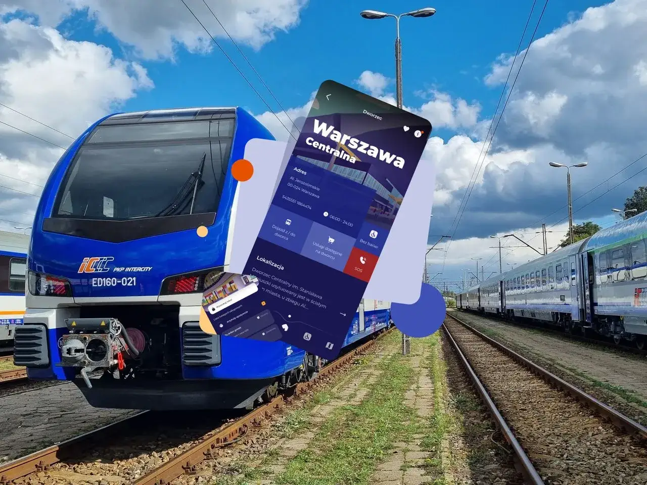 Aplikacja mobilna PKP Intercity na tle pociągu i torów. Sprawdź, czy można przebukować bilet Intercity, korzystając z telefonu.