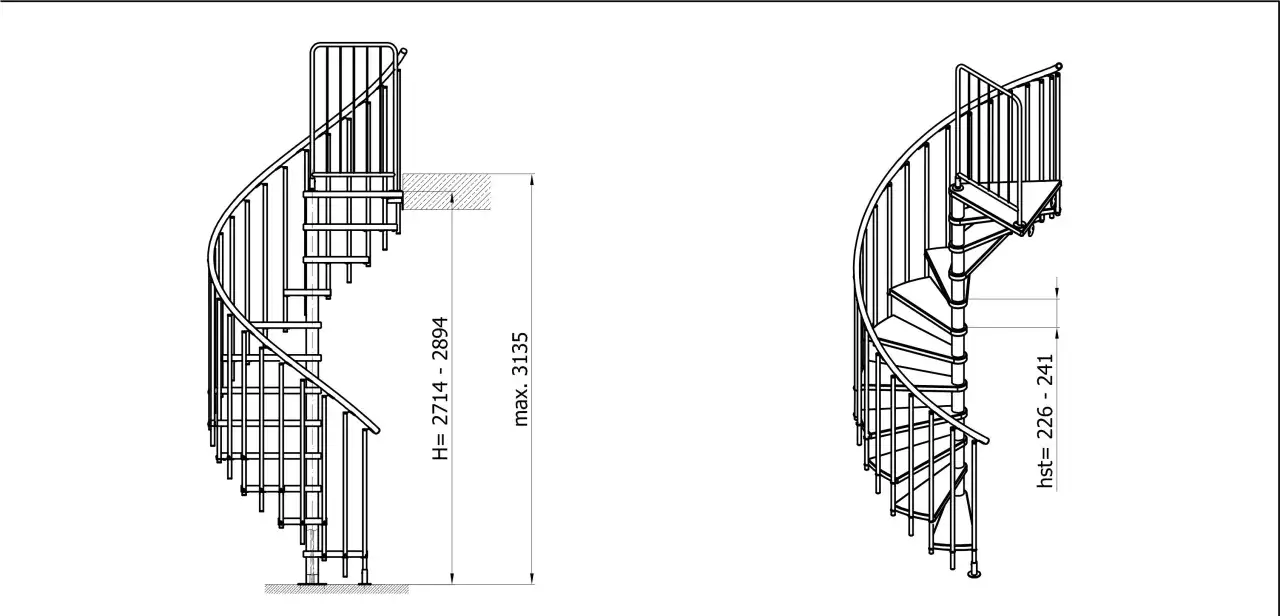 Rysunek techniczny schodów kręconych z wymiarami. Pokazuje, jak zrobić schody kręcone, ich konstrukcję i wysokość.