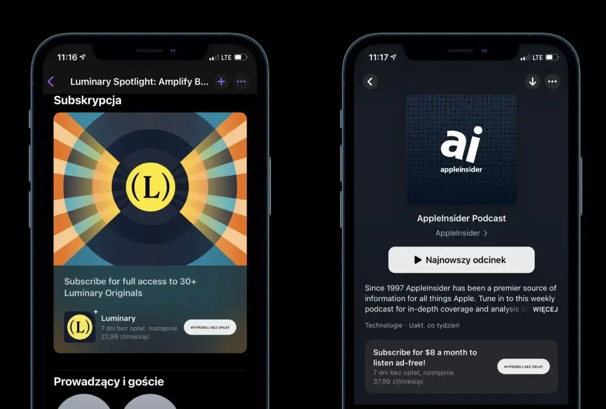 Dwie aplikacje na iPhone: Luminary z subskrypcją za 22,99 zł/miesiąc i AppleInsider Podcast z opcją subskrypcji za 37,99 zł/miesiąc.