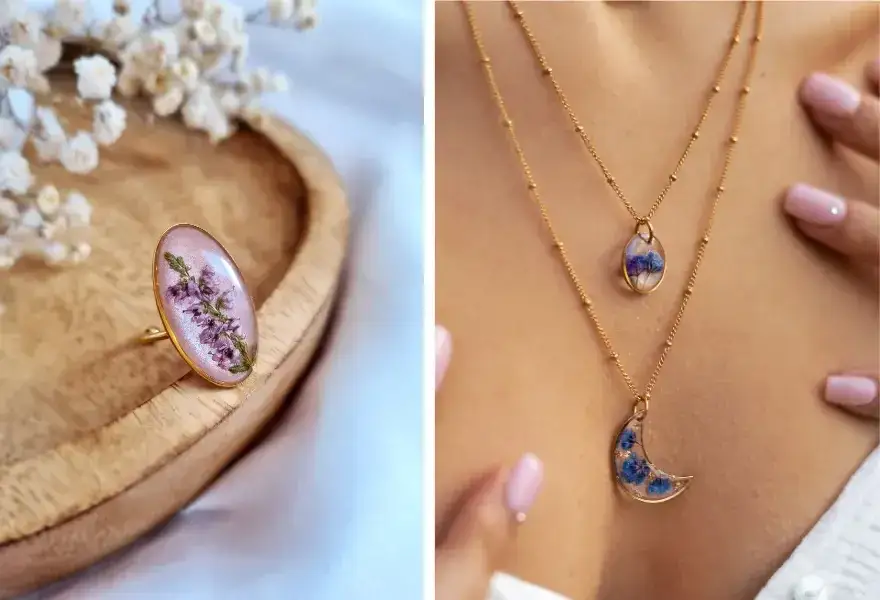 Przykłady zatopionych element&oacute;w w biżuterii z żywicy