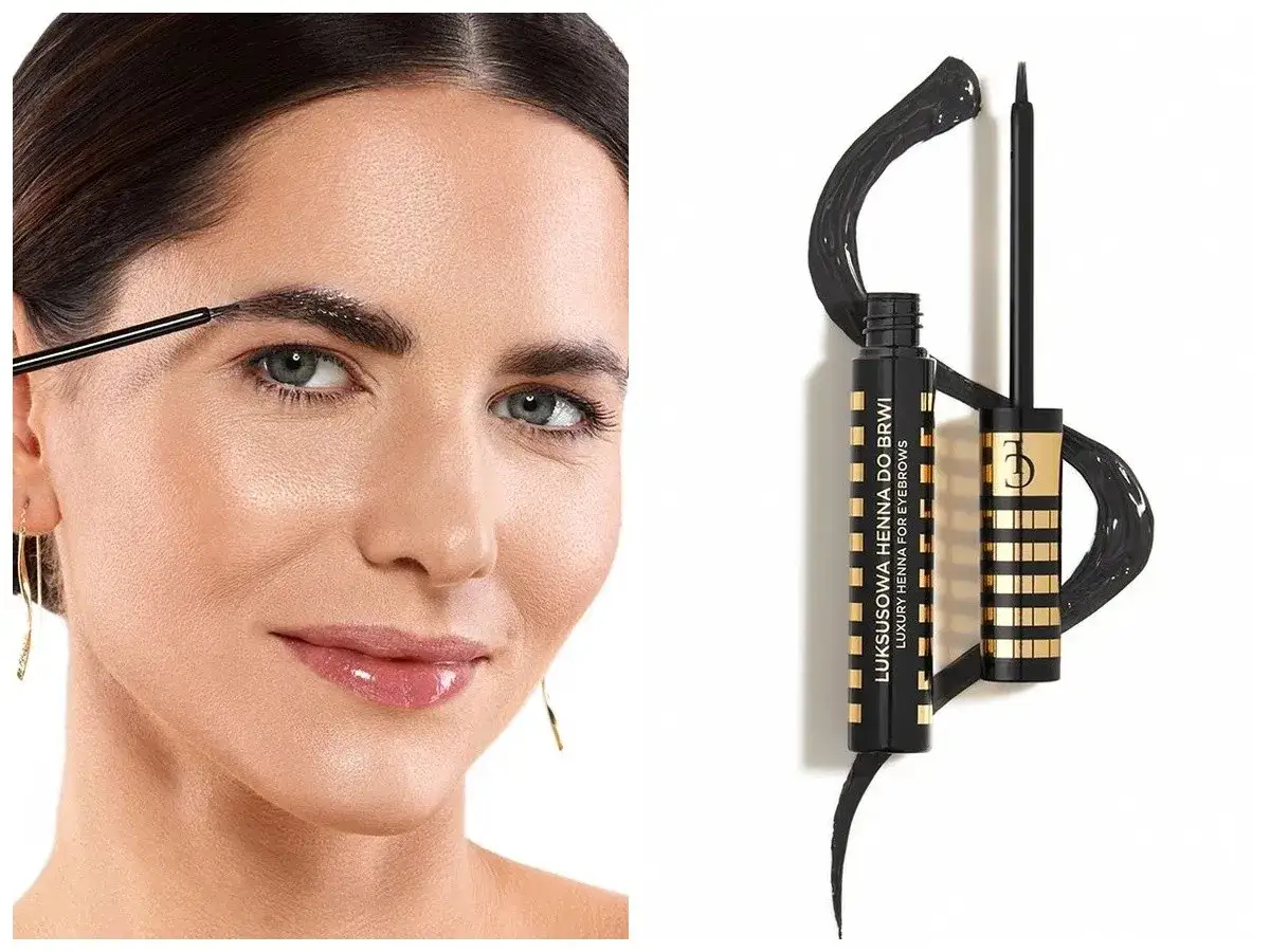 Kobieta aplikuje hennę na brwi. Czy henna niszczy brwi? Luksusowa henna do brwi w eleganckim opakowaniu.
