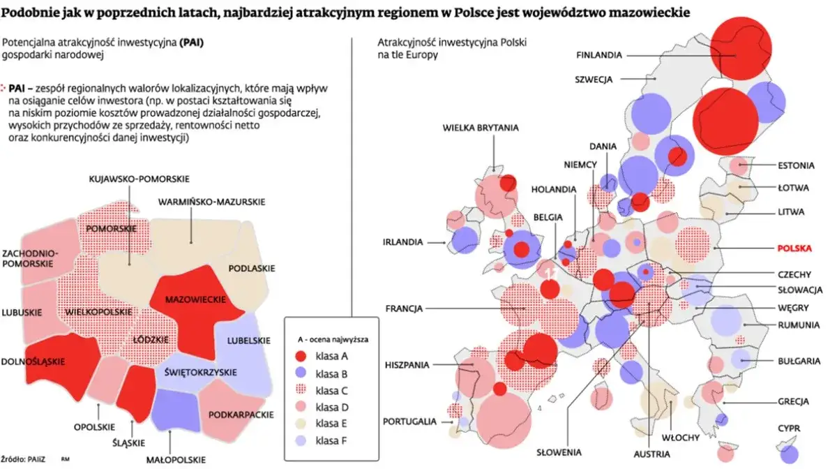 Mapa Polski z zaznaczonymi miastami i wskaźnikami atrakcyjności inwestycyjnej nieruchomości
