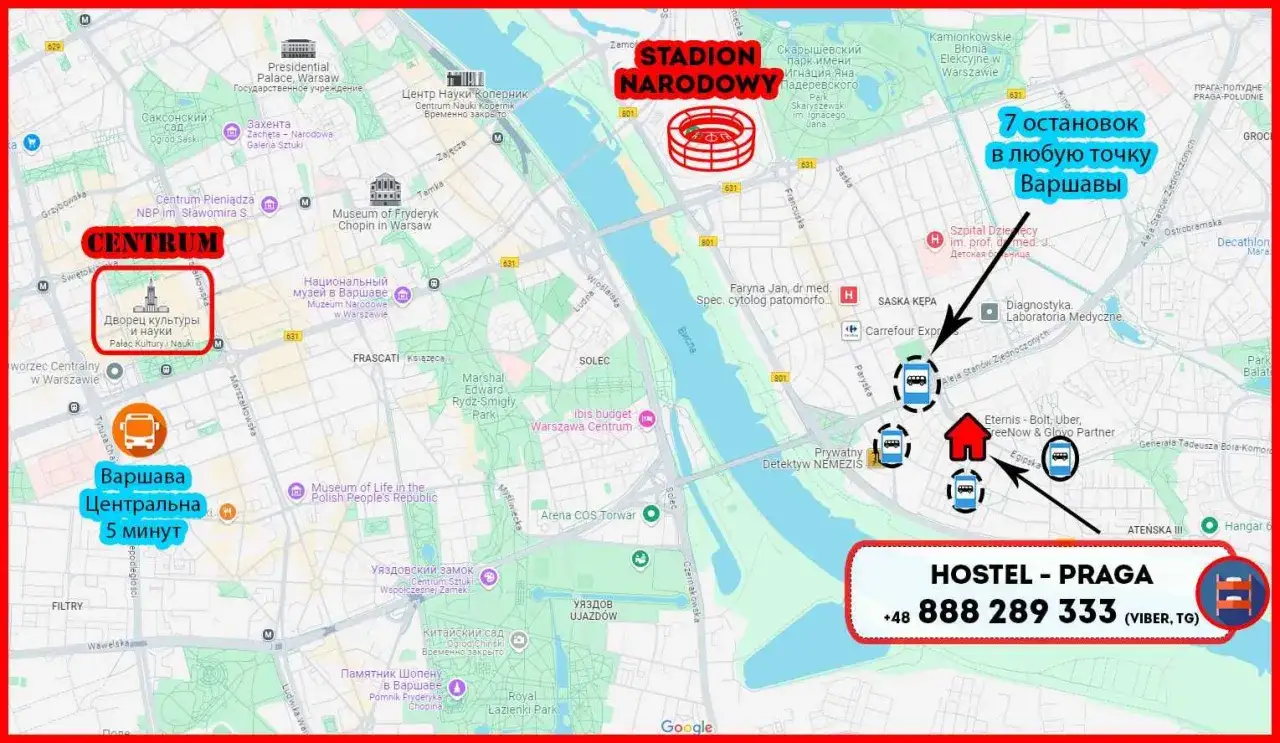 Mapa Pragi z zaznaczonym hostelem i numerem telefonu. Dowiedz się, ile kosztuje nocleg w Pradze, dzwoniąc pod podany numer.