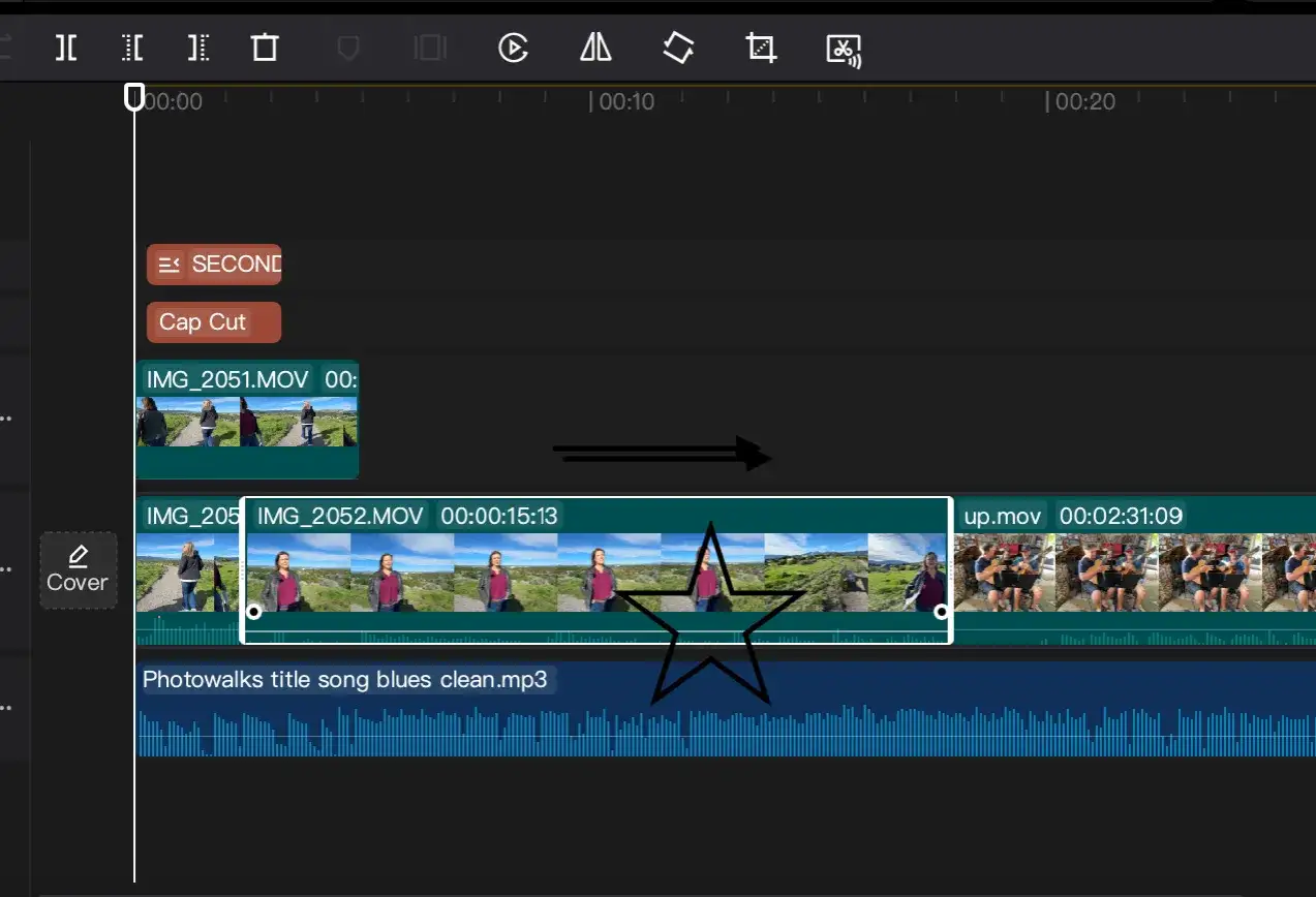 Edytor wideo pokazuje, jak zmontować filmik ze zdjęć. Na osi czasu widać klipy wideo i ścieżkę audio.