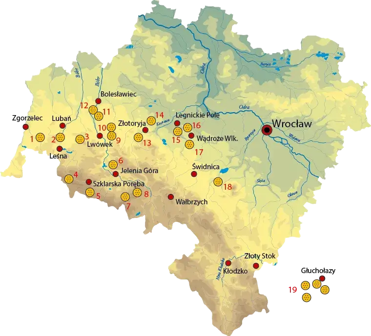 Mapa Polski z zaznaczonymi miastami, w kt&oacute;rych są dealerzy złota lub ikona złota
