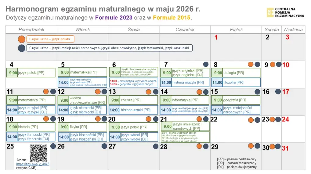 kalendarz z zaznaczonymi datami egzamin&oacute;w zawodowych
