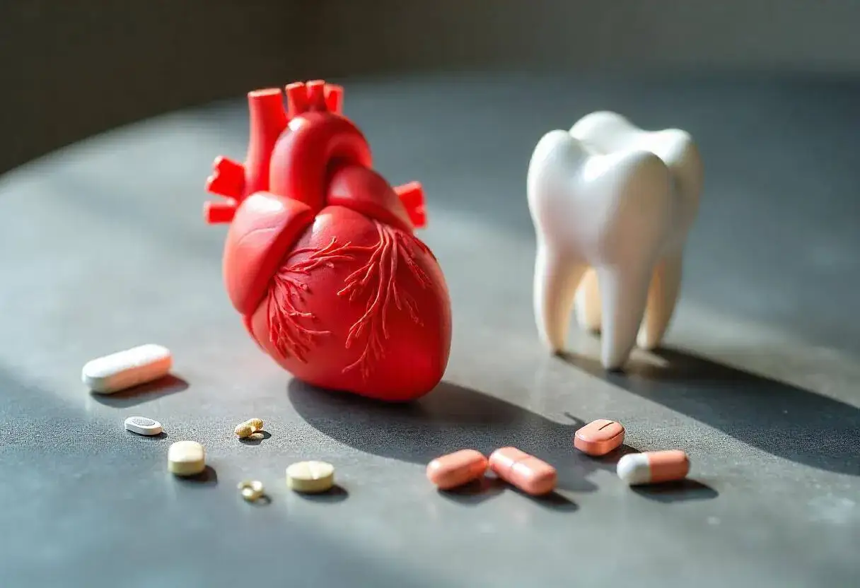 Model serca i zęba otoczone tabletkami. Antybiotyki w stomatologii to ważny element leczenia.