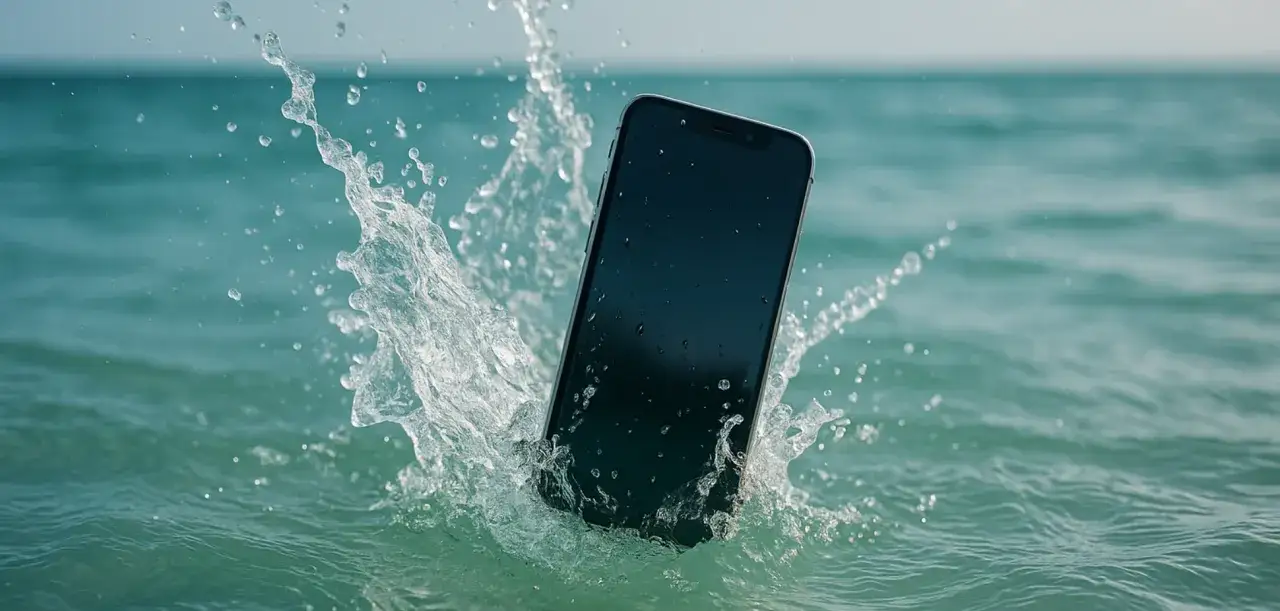 iPhone w wodzie, rozpryski cieczy wokół. Wykryto ciecz iPhone, ale czy przetrwa?