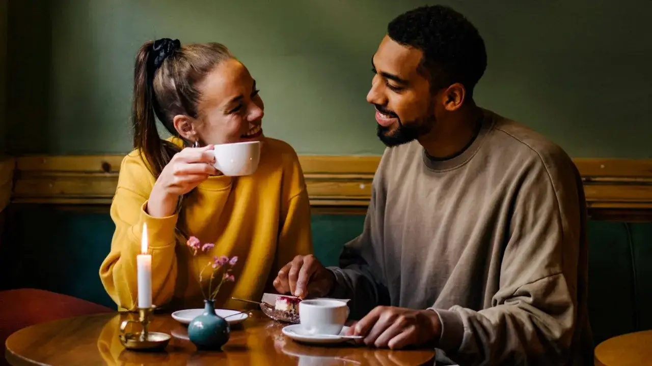 Para na randkę, pijąc kawę i jedząc ciasto, zadają sobie pytania, kt&oacute;re zbliżają ich do siebie.