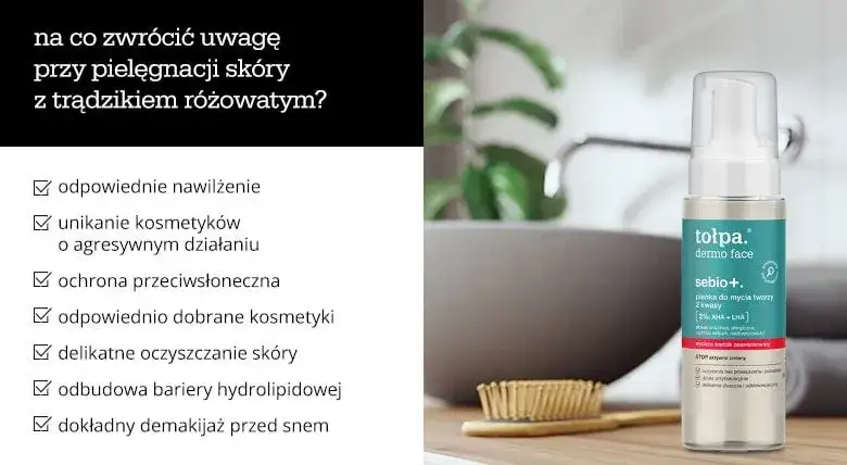 Pielęgnacja cery z trądzikiem r&oacute;żowatym infografika