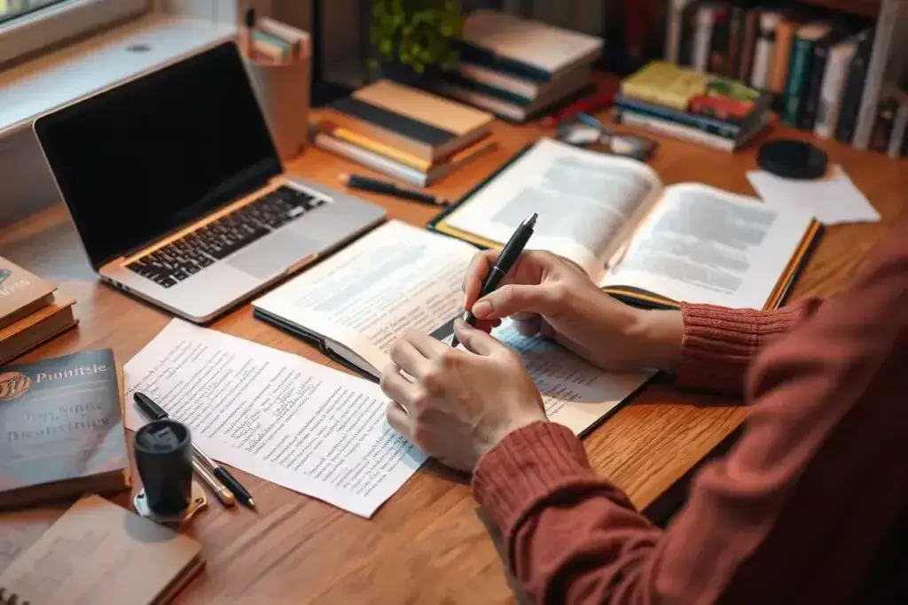 osoba czytająca książkę rozwojową z notatkami