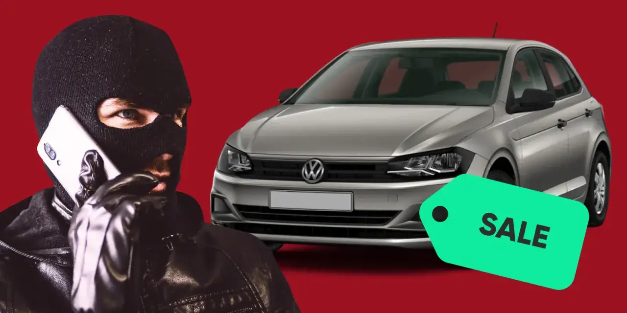 Mężczyzna w kominiarce dzwoni w sprawie zakupu Volkswagena. Zielona metka z napisem 