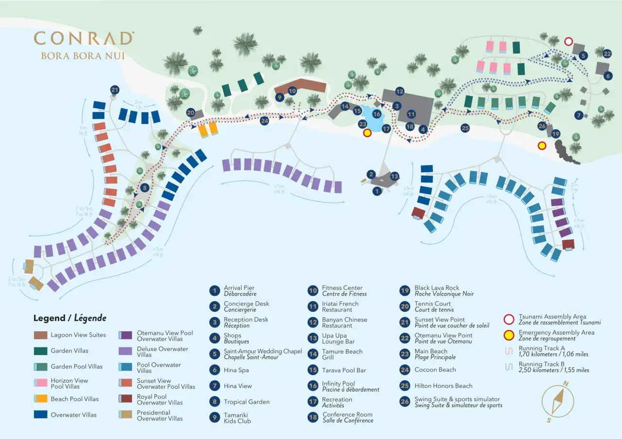 Mapa kurortu Conrad Bora Bora Nui pokazuje, gdzie leży Bora Bora, z zaznaczonymi willami, plażami, restauracjami i punktami widokowymi.