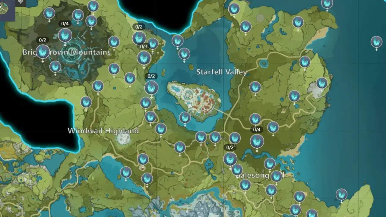Genshin Impact mapa z oznaczonymi znajdźkami