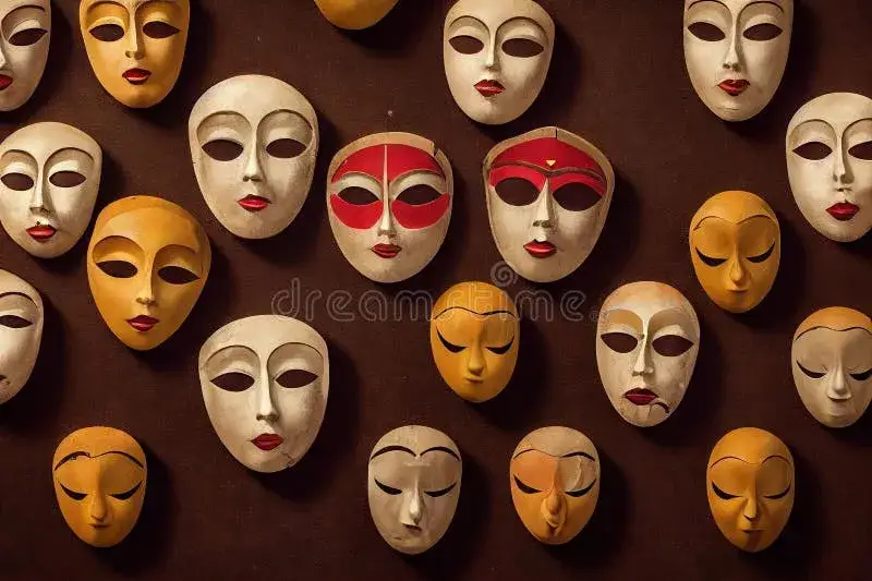 Kilka r&oacute;żnych masek teatralnych symbolizujących ukryte emocje