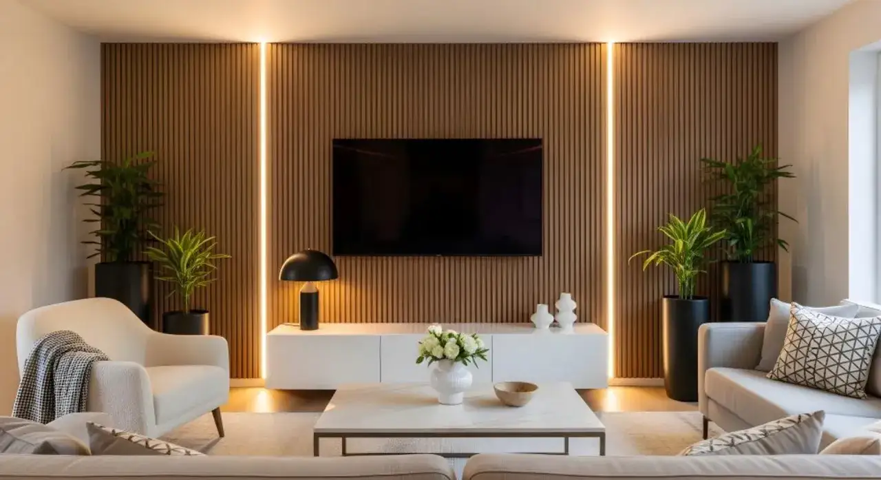 Nowoczesny salon z telewizorem na tle drewnianych lameli. Dwa pionowe pasy oświetlenia podkreślają strukturę ściany.