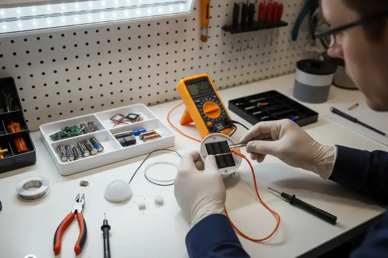 Naprawiam lampę solarną, bo nie działa czujnik zmierzchu. Na stole multimetr, baterie i narzędzia.