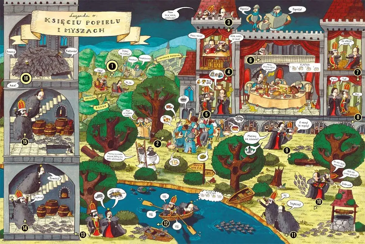 Ilustracja przedstawia legendy dla dzieci o Księciu Popielu i myszach. Widać zamek, rzekę i las, a także sceny z bajki.
