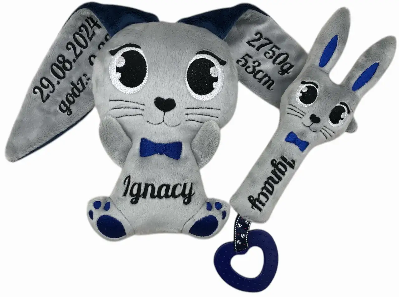 Szary króliczek z imieniem Ignacy, idealna maskotka dla niemowlaka, z metryczką urodzenia i gryzakiem.