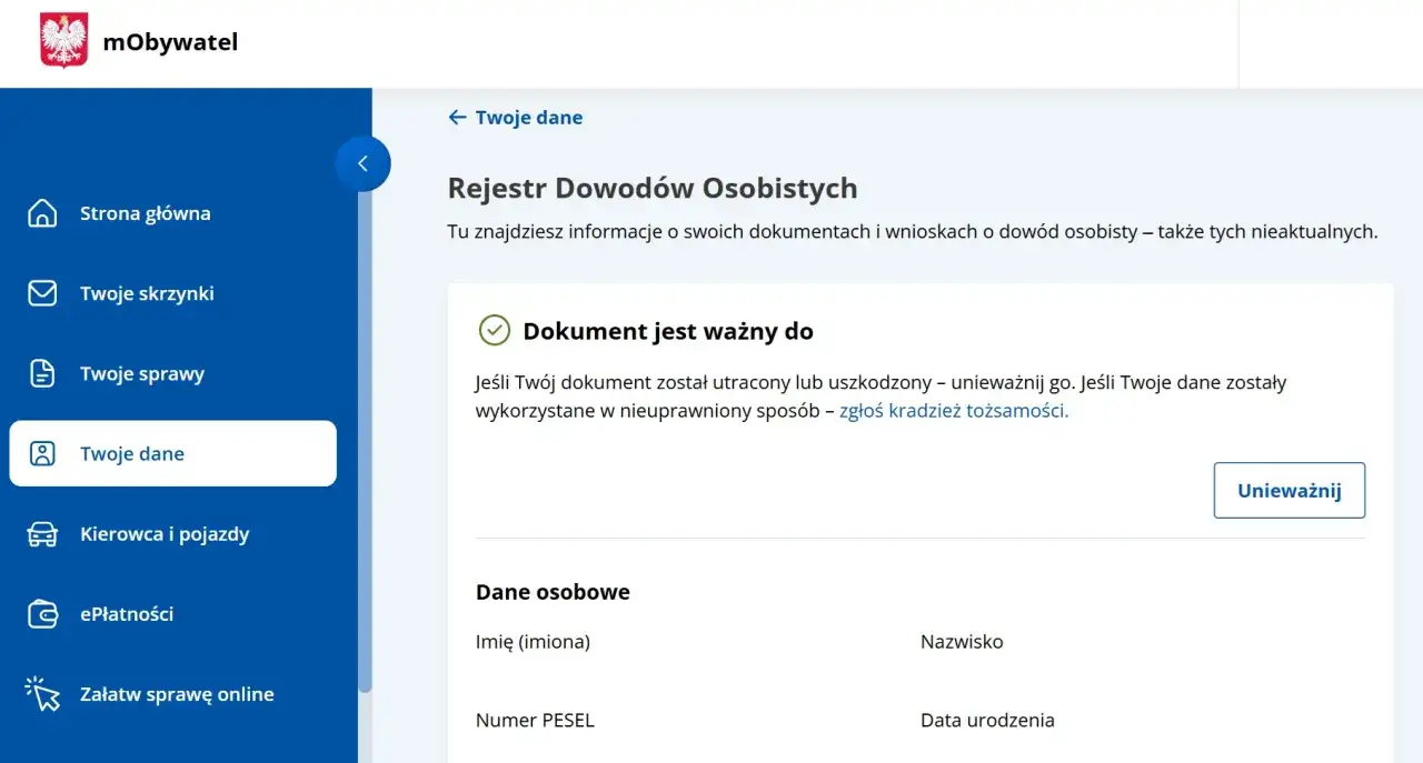 Rejestr Dowodów Osobistych: informacja o ważności dokumentu i opcja anulowania zastrzeżenia dowodu osobistego w przypadku utraty lub kradzieży.