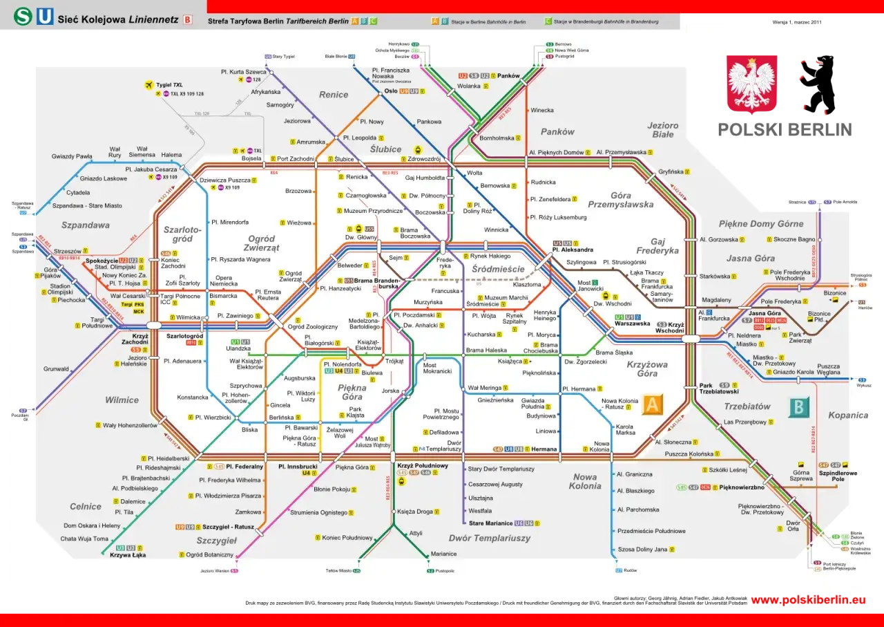 Mapa sieci kolejowej w Berlinie z zaznaczonymi stacjami i liniami. Widoczny polski akcent w nazwie 